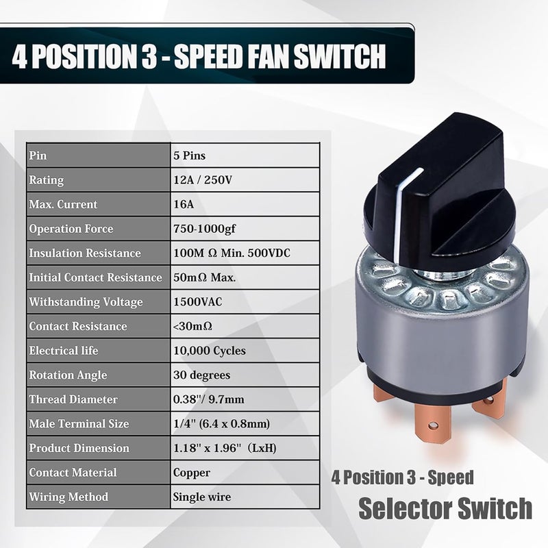 Keymoo - 2 Packs Rotary Switch 4 Position 3 Speed Fan Switch, 12A / 250V Metal Fan Heater Speed Selector Switch with Female Terminals - Image 4